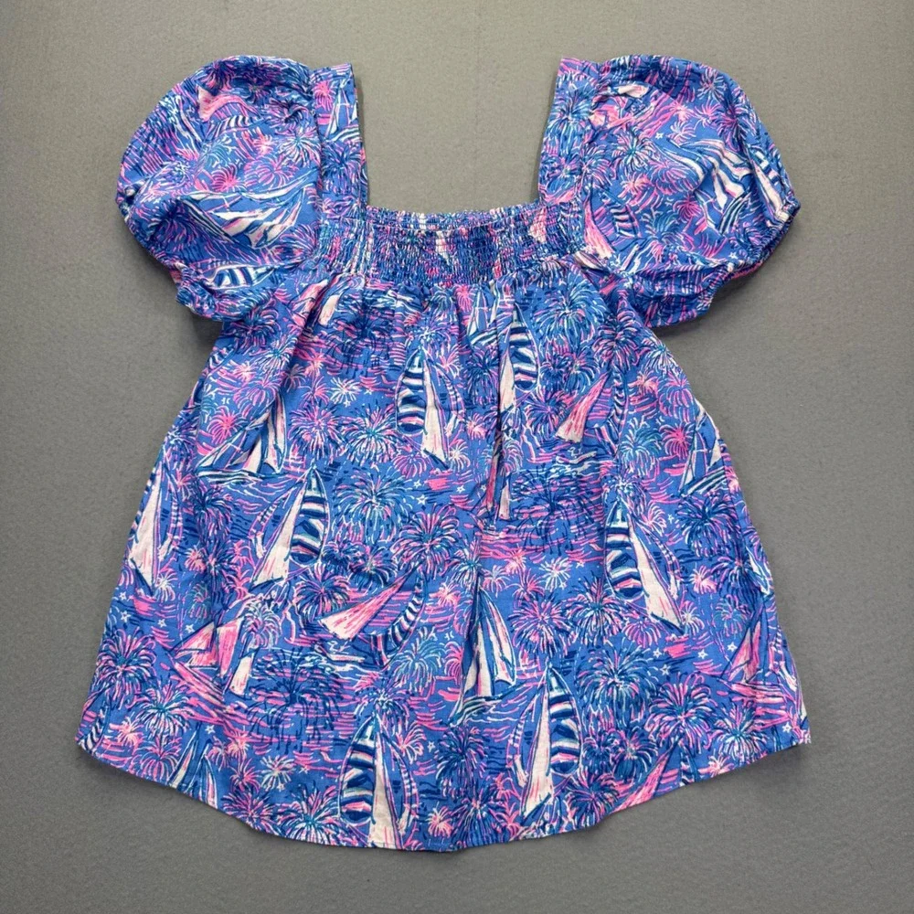 Lilly Pulitzer Yvette Linen Top 8 Blue Pink Sailboat‎ Puff Sleeve Smocked 013352